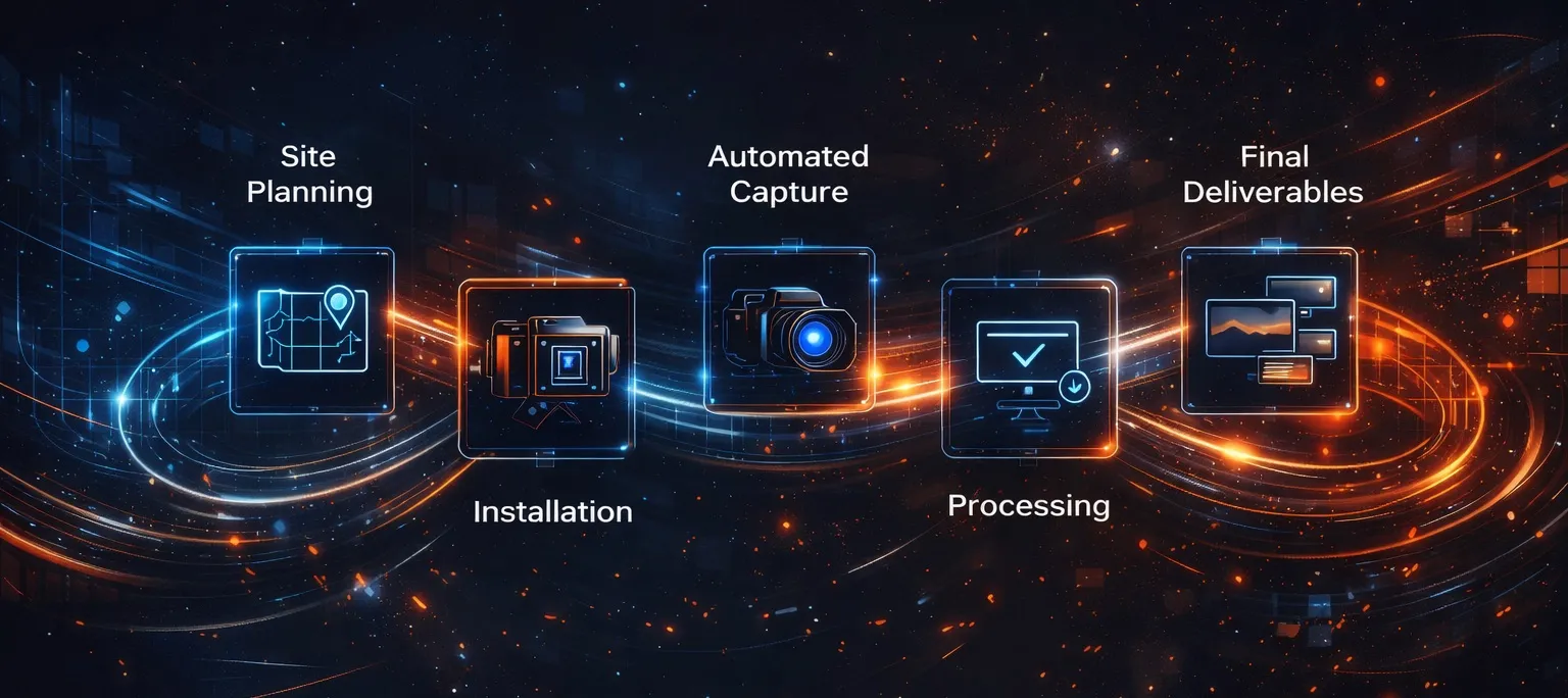 Workflow stages: site planning, installation, automated capture, processing, and final deliverables